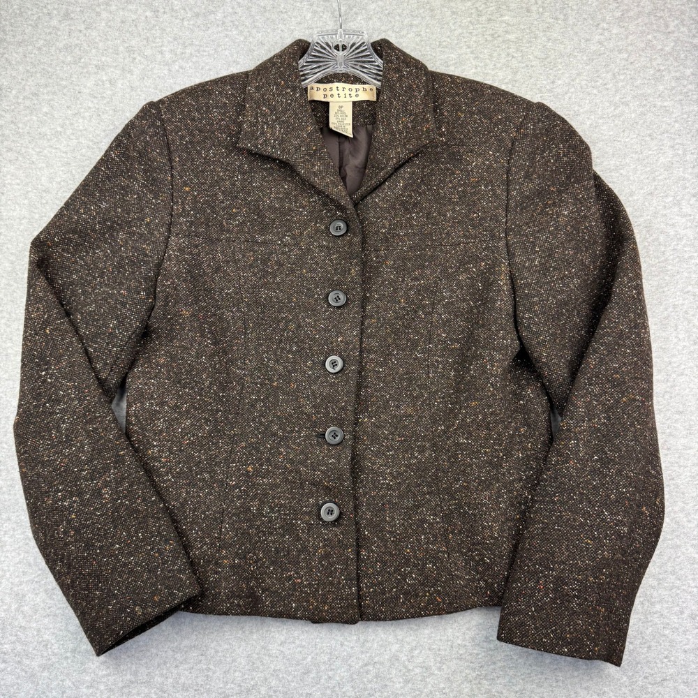 Apostrophe Petite Blazer Womens 8P Brown Wool Silk Tweed Dark Academia Y2K